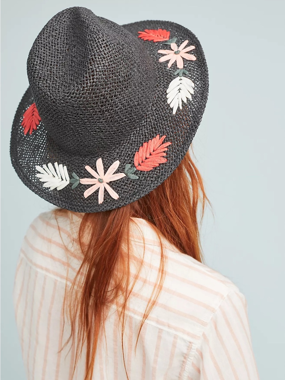 Anthropologie Black Straw Fedora Jana Floral Fedora